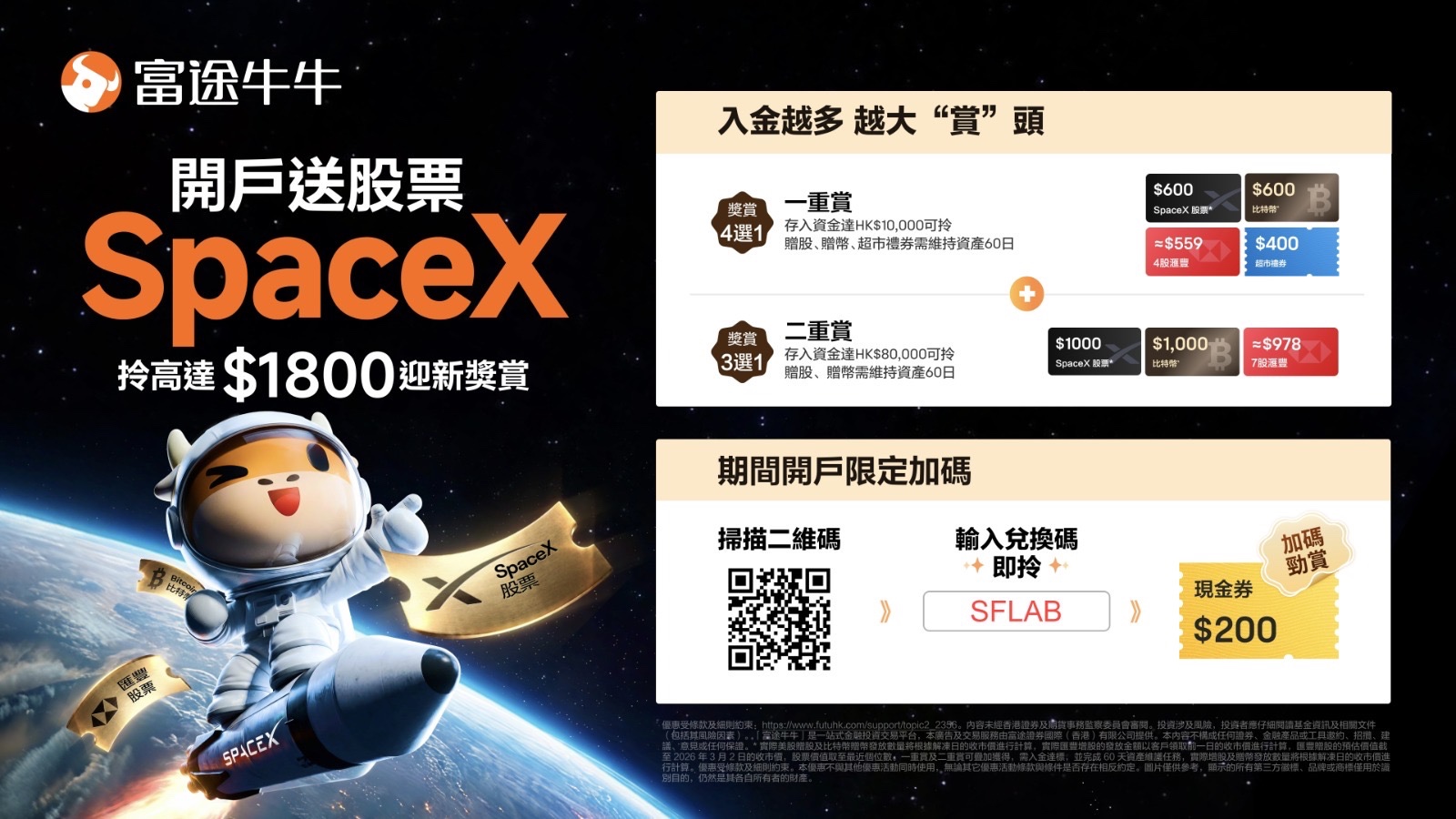 開戶迎新禮遇高達$1800 (包括SpaceX) 使用SFLAB邀請碼送多你$200現金券！